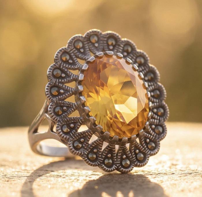 Authentic oval cut 10.2 carat Golden Topaz rhodium over .925 Sterling Silver ring s. 8 - Close-up of oval cut golden topaz ring with intricate setting.