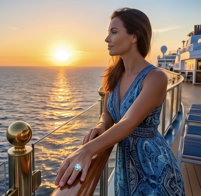 Massive Deep Blue 25.8 carat Aquamarine Marcasite .925 Sterling Silver handcrafted ring size 9 - Woman wearing aquamarine ring on a ship at sunset.