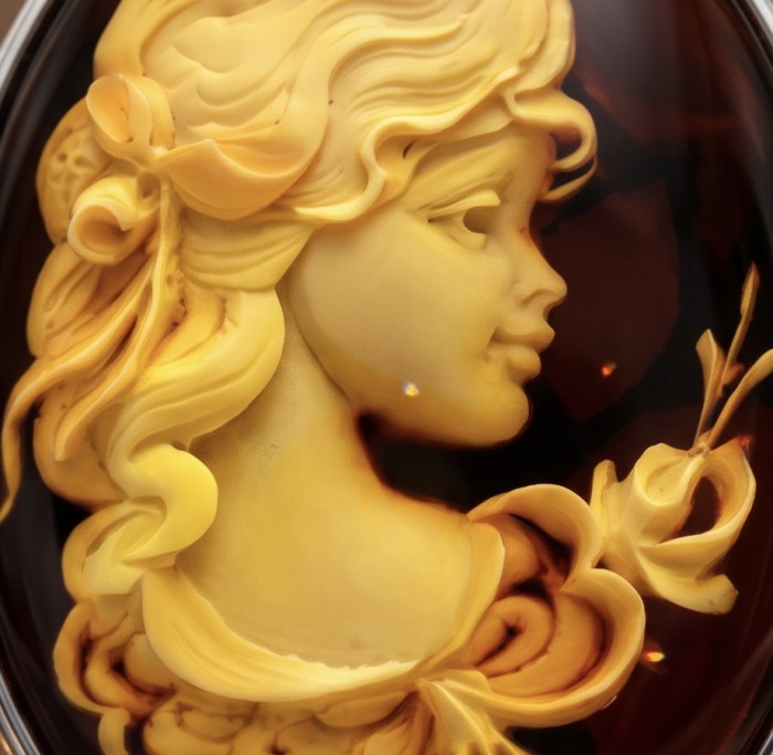 Beautiful Authentic Cameo carved Baltic Amber .925 Sterling Silver handcrafted ring; s. 7 adjustable - Cameo carved Baltic amber brooch, side profile close-up.