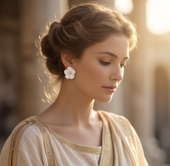 Genuine Blister Pearl 0.9 carat White Sapphire .925 Sterling Silver handcrafted Statement large Earrings - Woman wearing genuine blister pearl earrings, side profile view.