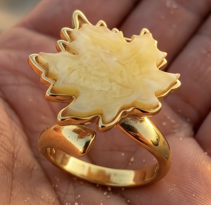 Vintage Style Authentic Golden Butterscotch Baltic Amber 18K Gold over .925 Sterling Silver entirely handcrafted ring; s. 8 ADJUSTABLE - Close-up of golden ring with leaf-shaped butterscotch amber stone.