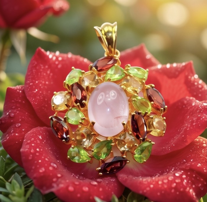 Angelina - Top quality 18.9 carat Brazilian Rose Quartz .925 Sterling Silver dipped in 18K Gold Handcrafted pendant - Rose quartz pendant surrounded by gems on a dewy red rose, front view.
