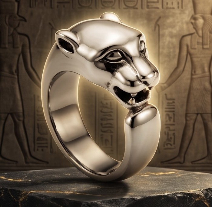 Gephard authentic .925 Sterling Silver handmade Statement Ring s. 8 - Sterling silver panther ring, front view, ancient theme background.