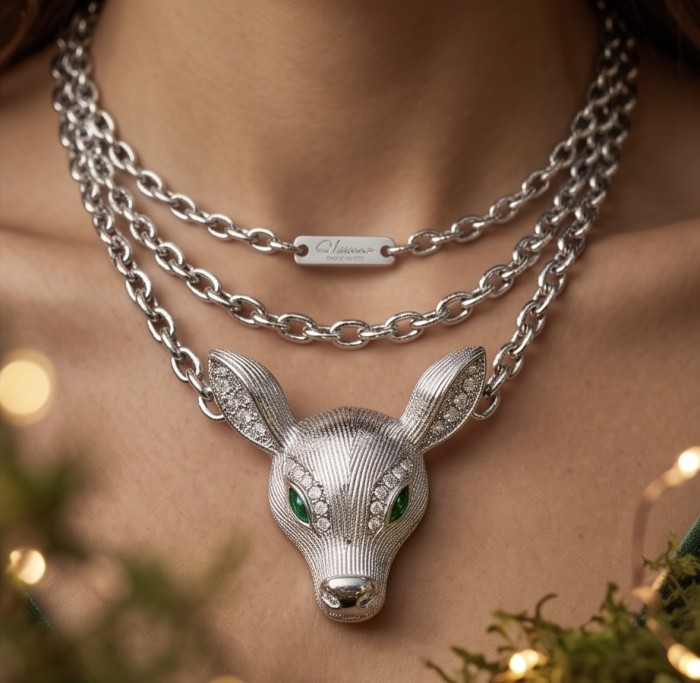 Deer'S Head 0.7 carat Emerald .925 Sterling Silver handmade Statement necklace - Deer head necklace in .925 sterling silver worn on neck, front view.