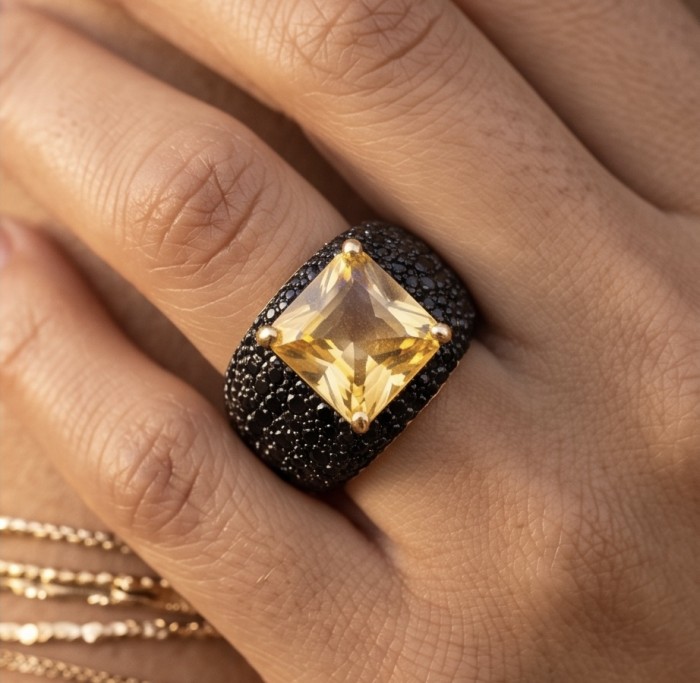 Solid 6.8 carat asscher Yellow Sapphire 4.5 carat pave black Sapphire 18K Gold over .925 Sterling Silver handcrafted ring size 9 - Yellow sapphire ring with black pave, worn on hand.