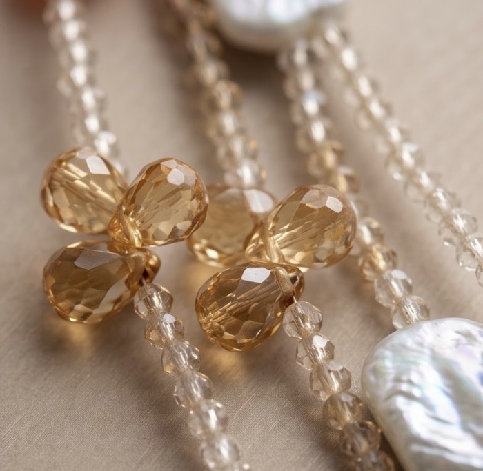 Giovanna - Top quality Natural Mother of Pearl .925 Sterling Silver handcrafted 38 inches necklace - Close-up of faceted gemstone beads and mother of pearl detail.