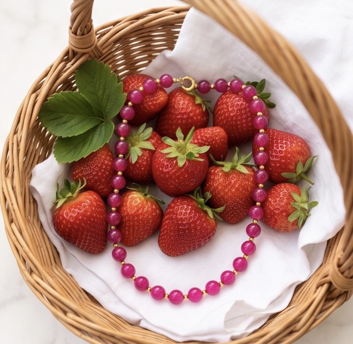 Outstanding Pink Tourmaline 10K Gold over .925 Sterling Silver handcrafted Statement necklace - Pink tourmaline necklace on strawberries in a basket, top view.