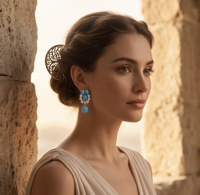Great quality authentic Sleeping Beauty Turquoise rhodium over .925 Sterling Silver handcrafted Earrings - Side view of Sleeping Beauty Turquoise earrings worn by model.