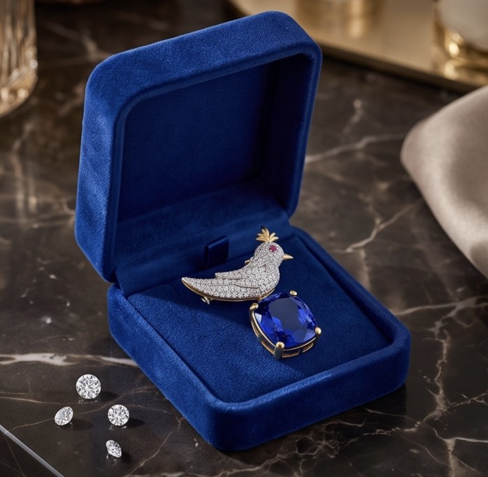 Bird on a Rock - Iconic design - Genuine 12.5 carat Sapphire 18K Gold over .925 Sterling Silver handmade Brooch - Jewelry in blue box with bird design and 12.5 carat sapphire close-up.
