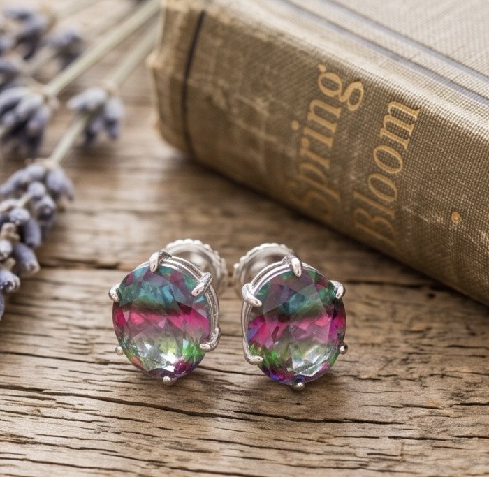 Luxurious authentic 11.2 carat Brazilian Tourmaline .925 Sterling Silver handcrafted earrings - Close-up of Brazilian tourmaline earrings on rustic wood background