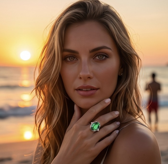 Spectaculat 11.2 carat Travorite Garnet .925 Sterling Silver Statement Ring size 7 1/4 - Woman wearing 11.2 carat Tsavorite Garnet ring at sunset on beach.