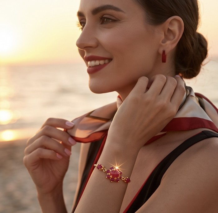 Bella Rosa - 29.4 carat authentic Mozambique Ruby .925 Sterling Silver dipped in 22K Gold handcrafted Bracelet - Side view of Bella Rosa bracelet, worn on hand at sunset.