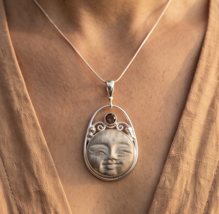 Moonface Carved Ox Bone Silver Pendant - photo 1