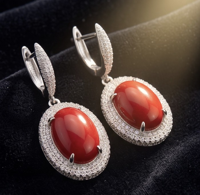 Elizabeth Natural Fossilized Coral 2.8 carat Moissanite .925 Sterling Silver handcrafted earrings - Close-up of Elizabeth Natural Coral earrings with Moissanite accents.
