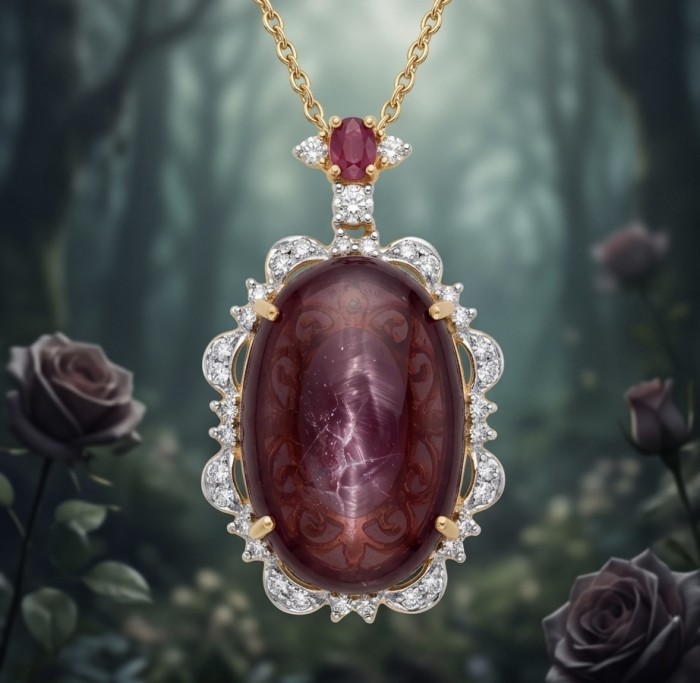 Rare finding! Deluxe 65.4 carat authentic Kashmir Star Ruby 22K Gold over .925 Sterling Silver handmade Statement Pendant - Close-up of a 65.4 carat Kashmir Star R. pendant with intricate design.