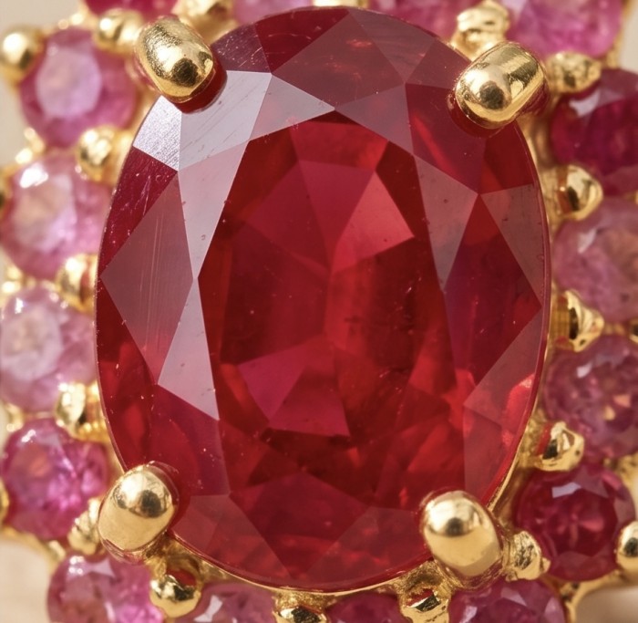 Natural 4.2 carat Mozambique Ruby .925 Sterling Silver dipped in 22K Gold Handcrafted Earrings - Stone close-up of 4.2 carat Mozambique Ruby in gold setting.