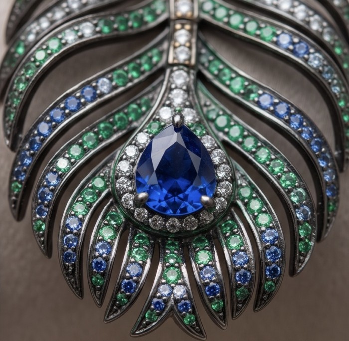 Precious Magic Feather 4.2 carat Sapphire 2.8 carata pave Emerald .925 Sterling Silver dipped in black rhodium Statement Necklace - Close-up of sapphire and pave gemstone feather jewelry design.