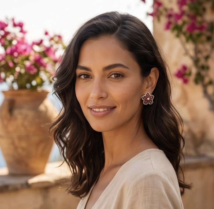 María Rosa - Real Art - Natural 14.2 carat Garnet .925 Sterling Silver handcrafted Statement earrings - Woman wearing María Rosa garnet earrings, side view with floral backdrop