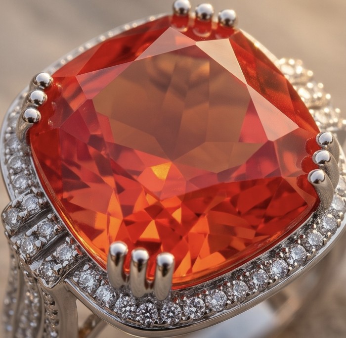 Vivid Energy 19.4 ctw Red Topaz .925 Sterling Silver handcrafted Statement Ring size 8 1/4 - Close-up of a vivid red topaz ring in sterling silver with diamond accents.