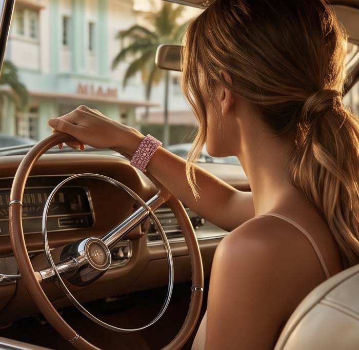 Luxurious 45.4 carat Pink Sapphire 1.8 carat Tanzanite 8.2 carat Rose Quartz 22K real ROSE Gold over .925 Sterling Silver handcrafted Bracelet - Worn on wrist, side view while driving vintage car. Luxurious pink bracelet.