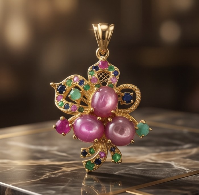 Giovanna 18.5 carat Emerald Ruby Sapphire 18K Gold over .925 Sterling Silver handcrafted Pendant - Ornate gemstone pendant, front view, 18K gold, emeralds, rubies, sapphires.