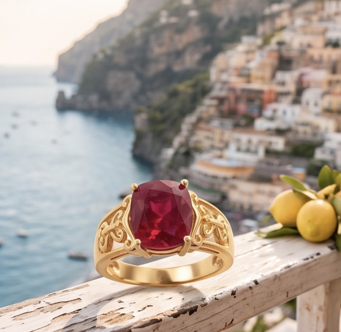 Bella Rosa Genuine 8.5 CARAT Star Ruby 22K Gold over .925 Sterling Silver Statement Ring size 9 - Stone close-up of Bella Rosa Ruby Ring with scenic background