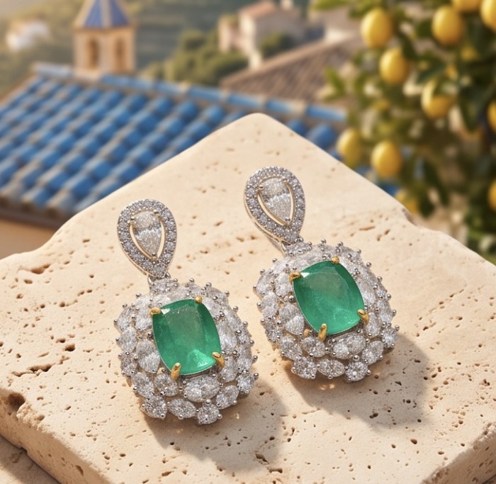 Victoria 4.8 carat Colombian Emerald 5.2 carat Moissanite .925 Sterling Silver dipped in rhodium 2 tones handmade Statement Earrings - Emerald and moissanite earrings on stone background, angled view