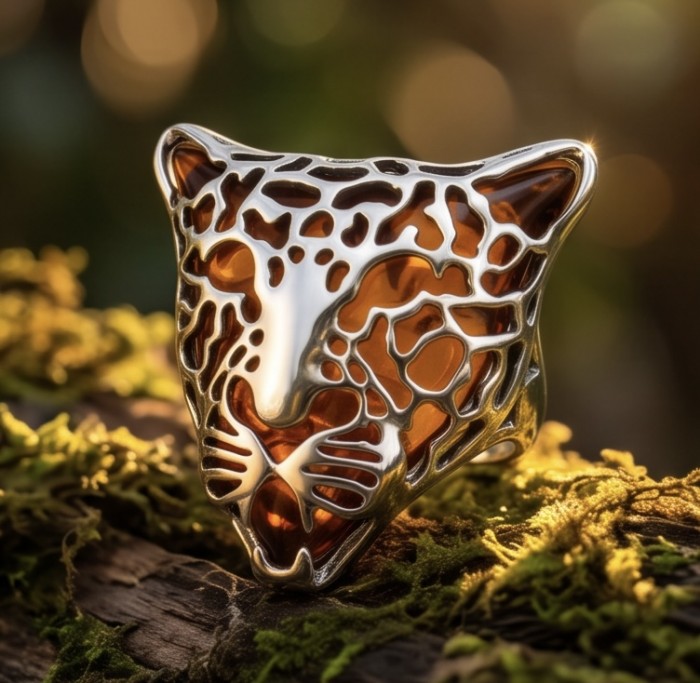 Rare finding! - Gephard authentic Baltic Amber .925 Sterling Silver handmade Statement Ring s. 8 adjustable - Close-up of leopard face ring with amber and silver detailing.