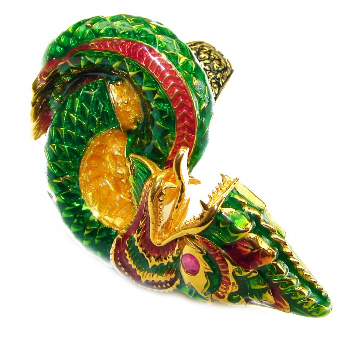 Large green Dragon - symbolizes supernatural power- Enamel Ruby 18K Gold over .925 Sterling Silver Huge handcrafted Ring s. 8 - photo 2