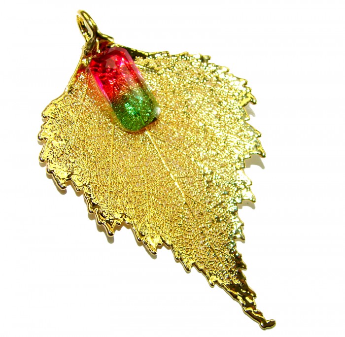 Stylish REAL Leaf Coved with Sterling Silver and 14K Gold Golden Topaz Tourmaline & .925 Sterling Silver Pendant - photo 1