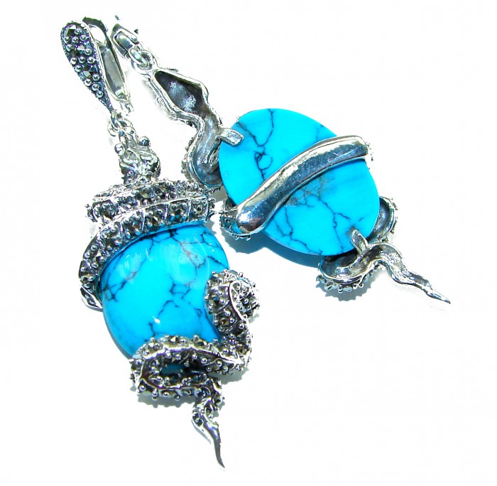 Great authentic inlay Turquoise .925 Sterling Silver handcrafted Earrings - photo 1