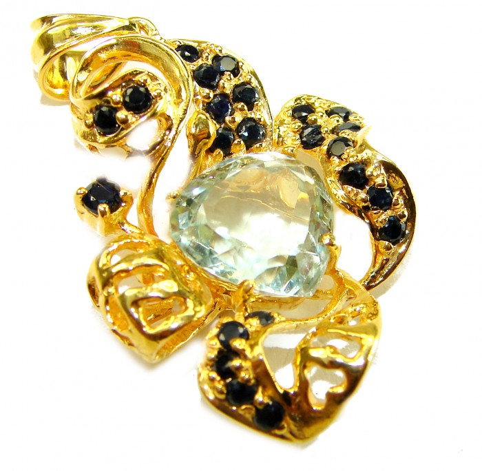11.8 carat Green Amethyst - Prasolite 14K Gold over .925 Sterling Silver handcrafted pendant - Close-up of green amethyst and black stone gold pendant.