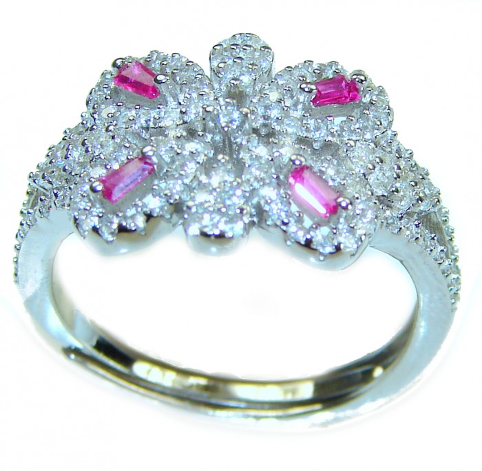 Pure Luxury 4.2 carat natural Ruby .925 Sterling Silver handmade Statement Sterling Silver ring size 6 3/4 - Ruby and diamond ring top view, sterling silver setting.