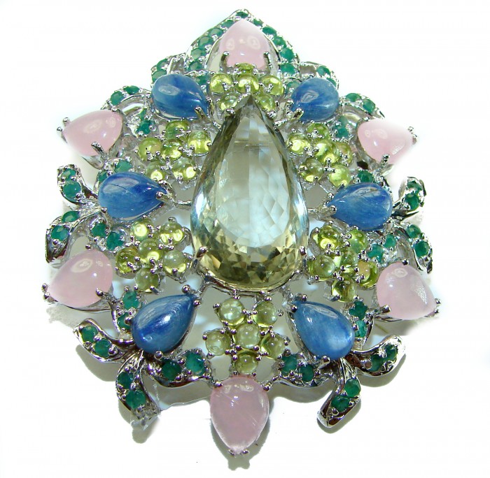 Royalty - Vintage style genuine 85.6 carat Green Amethyst .925 Sterling Silver handmade LARGE Pendant - Brooch - Vintage style brooch with green amethyst, top view, intricate design.