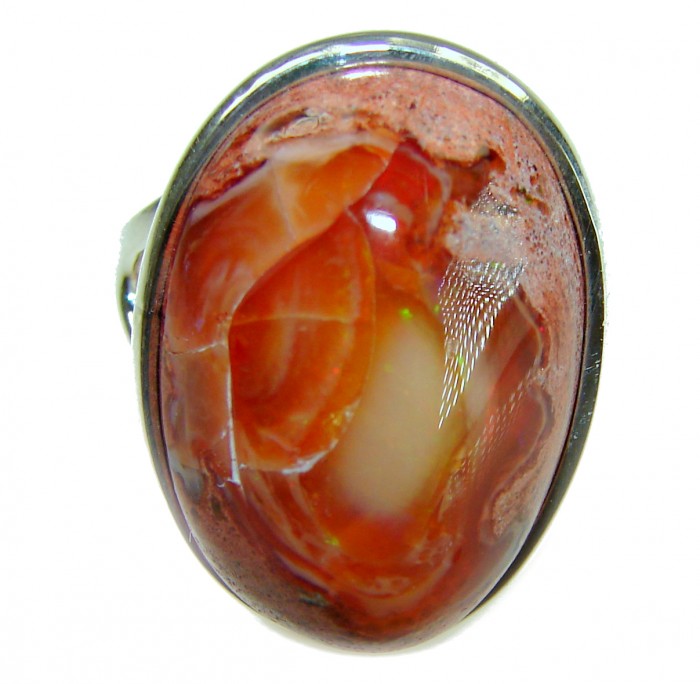 Inner Fire 28.5 carat Authentic Mexican Opal 14K Gold over .925 Sterling Silver handcrafted ring size 8 adjustable - Close-up of Inner Fire Mexican Opal ring, 28.5 carats, 14K gold.