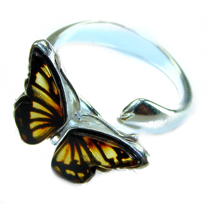 Butterfly Authentic Baltic Amber .925 Sterling Silver handcrafted ring; s. 7 adjustable - Butterfly ring in amber and silver, side view.