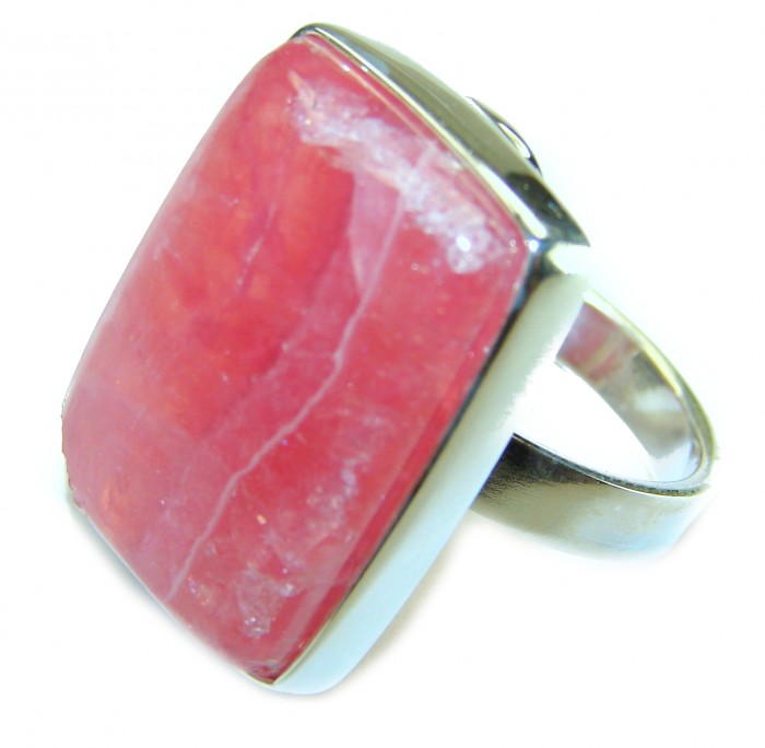 Strawberry Fields - 21.8 CARAT Argentinian Rhodochrosite .925 Sterling Silver handmade ring size 7 - Close-up of Rhodochrosite ring, showcasing the stone and setting details.