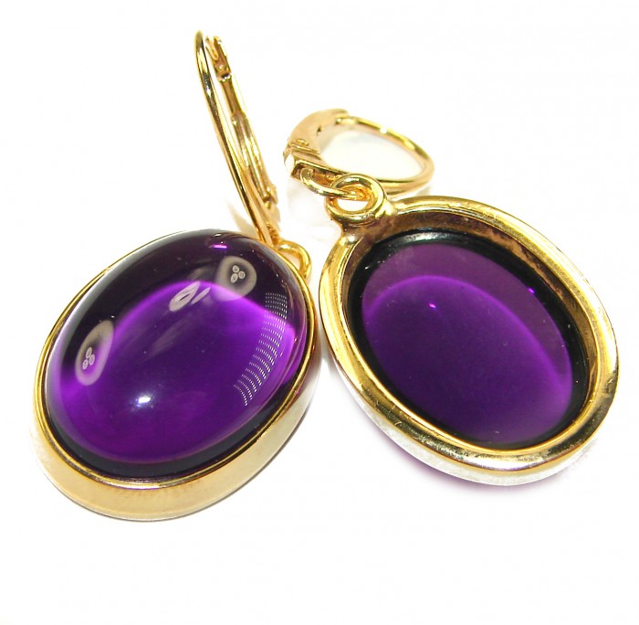 Lavender Beauty authentic 10.2 carat Amethyst 14K Gold over .925 Sterling Silver handcrafted earrings - Close-up of amethyst earrings in gold setting, showcasing stones.