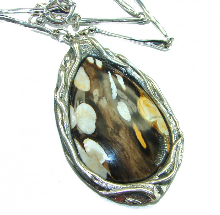 Genuine Petrified Palm Wood .925 Sterling Silver handcrafted necklace - Close-up of petrified palm wood pendant in sterling silver setting.