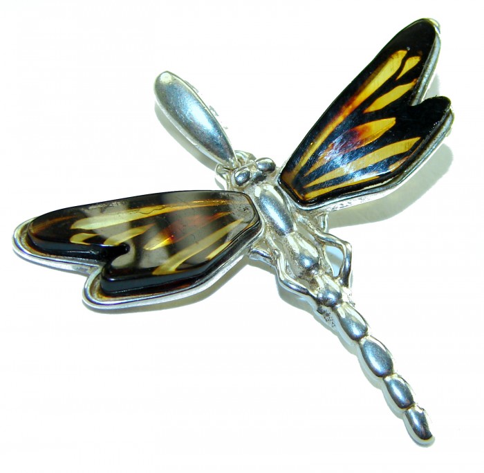 Dragonfly Natural CARVED Baltic Amber .925 Sterling Silver handmade Pendant - Dragonfly Baltic amber pendant, silver details, top view.