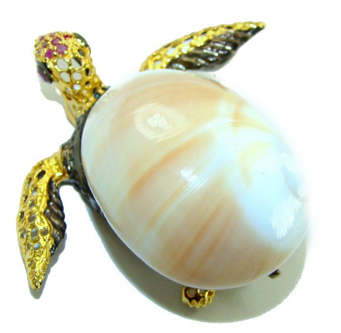 Good health and Long life Big Turtle Genuine Ocean Shell Ruby 14K Gold over .925 Sterling Silver handcrafted brooch - Turtle brooch with ocean shell top view, gold details, and gemstone accents.