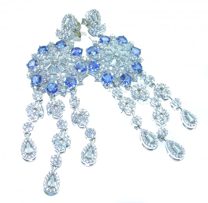 Elizabeth Natural luxurious Floral design 28.5 carat Tanzanite .925 Silver handcrafted earrings - Close-up of Elizabeth Natural luxurious floral earrings with blue stones