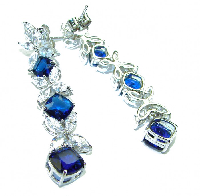 Gabriella 15.2 carat authentic Sapphire rhodium over .925 Sterling Silver handcrafted Statement earrings - Close-up of sapphire and diamond drop earrings.