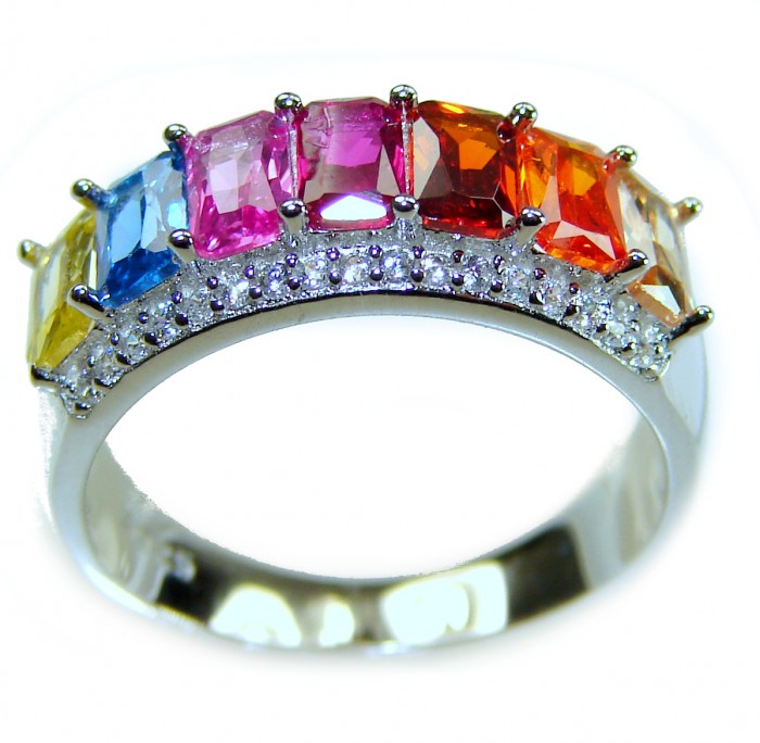 Precious Rainbow- authentic 8.2 carat multigem .925 Sterling Silver Eternity Ring size 6 - Side view of multicolored gemstone ring with diamond accents.