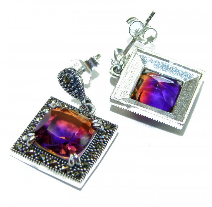Emma 9.5 carat Ametrine Marcasite .925 Sterling Silver HANDCRAFTED Earrings - Close-up of Emma 9.5 ct Ametrine Marcasite Sterling Silver earrings