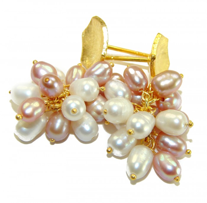 Natural White Mother of Pearl 14K Gold over .925 Sterling Silver handcrafted earrings - Natural pearls 14K gold earrings close-up, showcasing details