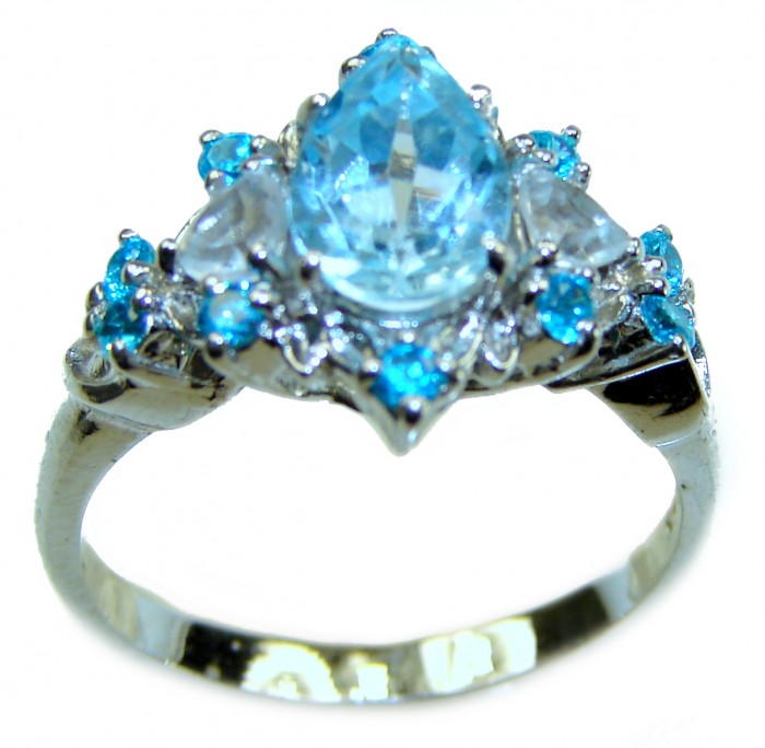 Emily 8.5 carat Swiss Aquamarine Ruby .925 Sterling Silver handmade Statement Ring size 7 - Close-up of Emily Swiss Aquamarine ring in sterling silver
