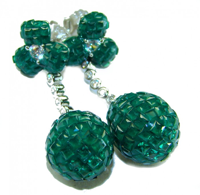 Giovanna - Authentic 21.9 carat Emerlad .925 Sterling Silver handcrafted earrings - Emerald earrings close-up with silver and crystal detailing