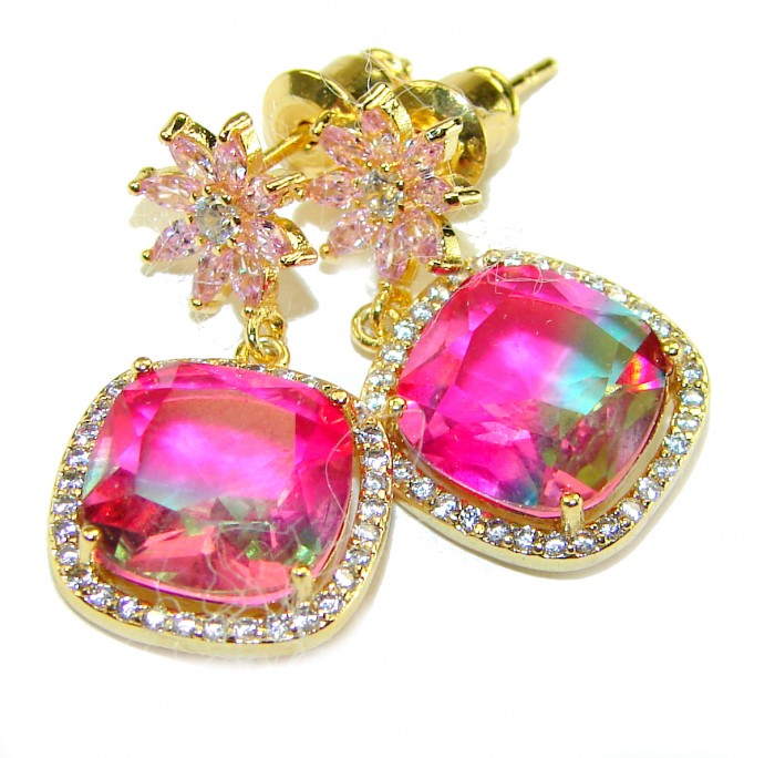 Genevieve 6.5 carat genuine Brazilian Watermelon Tourmaline .925 Sterling Silver dipped in 18K Gold handcrafted Statement earrings - Close-up of Genevieve earrings with watermelon tourmaline and diamonds.