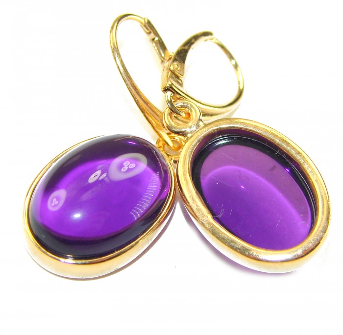 Lavender Beauty authentic 16.2 carat Amethyst 14K Gold over .925 Sterling Silver handcrafted earrings - Amethyst earrings in 14K gold, close-up showing stones and clasps.